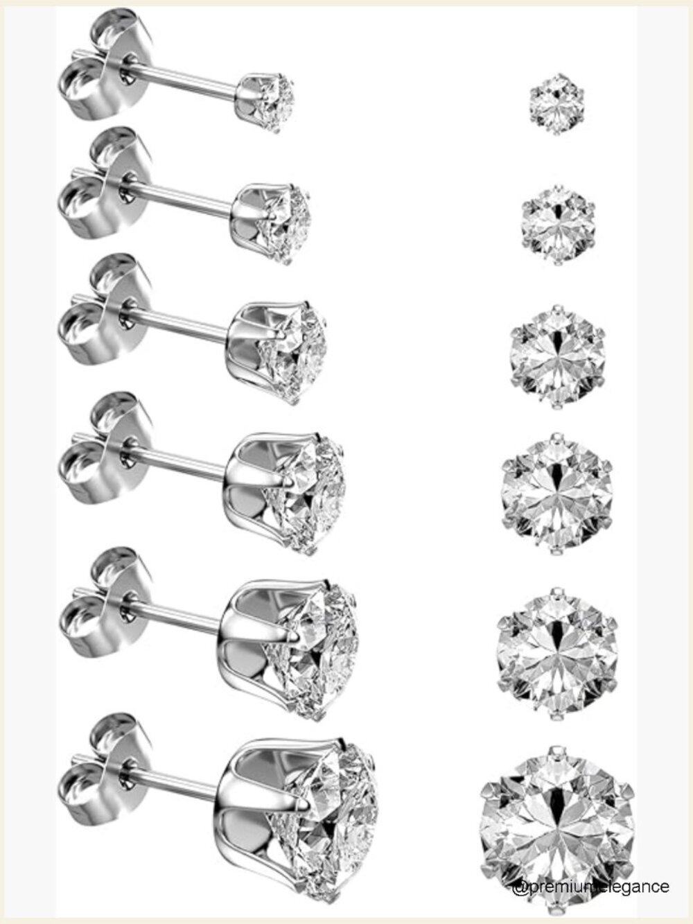 6 Pairs Stainless Steel Stud Earrings Set, Hypoallergenic Cubic Zirconia CZ